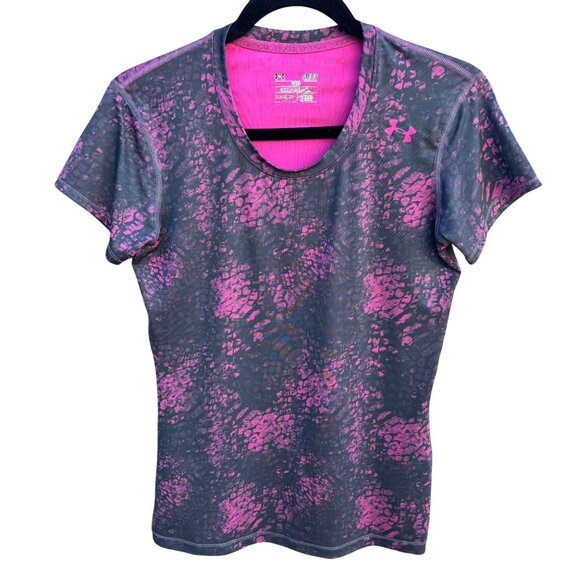 Under Armour Womens Sonic HeatGear Fitted Workout Athletic T-Shirt Pink Black S - Picture 1 of 8